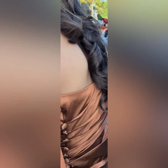 Galina Signature Charmeause Draped One-Shoulder Dress | Tawny Color | Size 0 - Picture 3 of 9